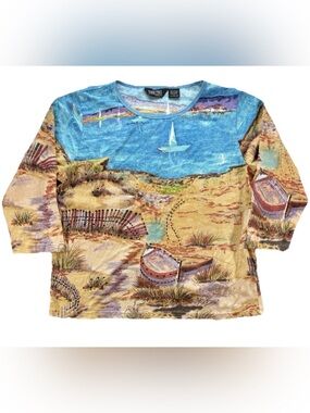 Vintage Take Two AOP Beach Shirt NWOT Women's Large Blue Embellished Y2K Whimsy